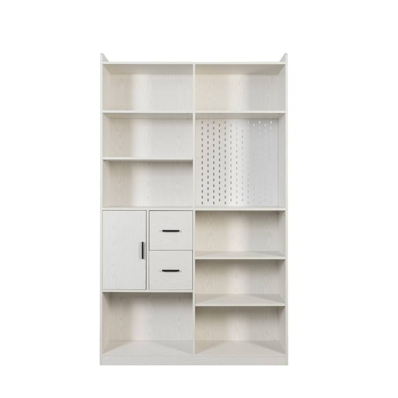 Bookshelf Bookcase with Pegboard Drawer 9 Cubby Display Modern Wide Wood Shelving Unit White Living Room