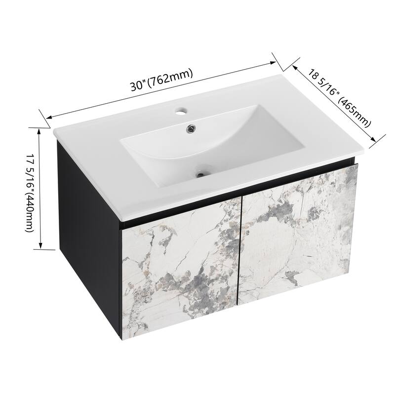 30" Floating Wall-Mounted Bathroom Vanity with Soft-Close Door Hinges, Ceramic Sink & Ample Storage
