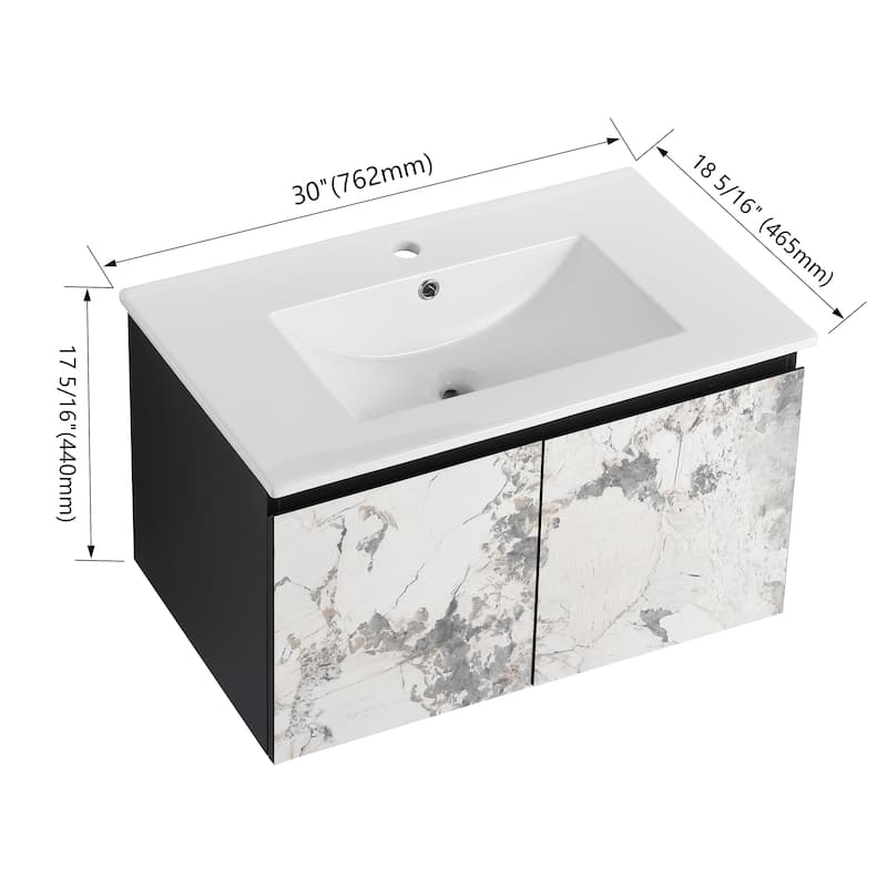 Modern 30'' Wall-Mounted Vanity with Ceramic Sink & Triple Soft-Close Cabinet Doors