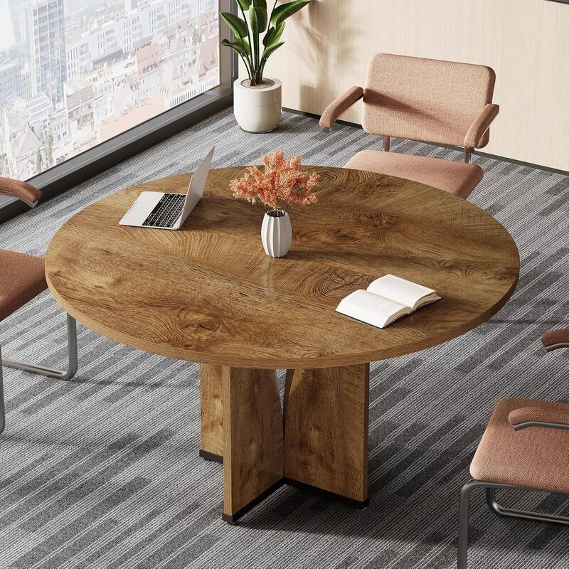 39" Round Conference Table for 4 Modern Wooden Meeting Table with Sturdy Base for Office/Training/Negotiation/Conference Room