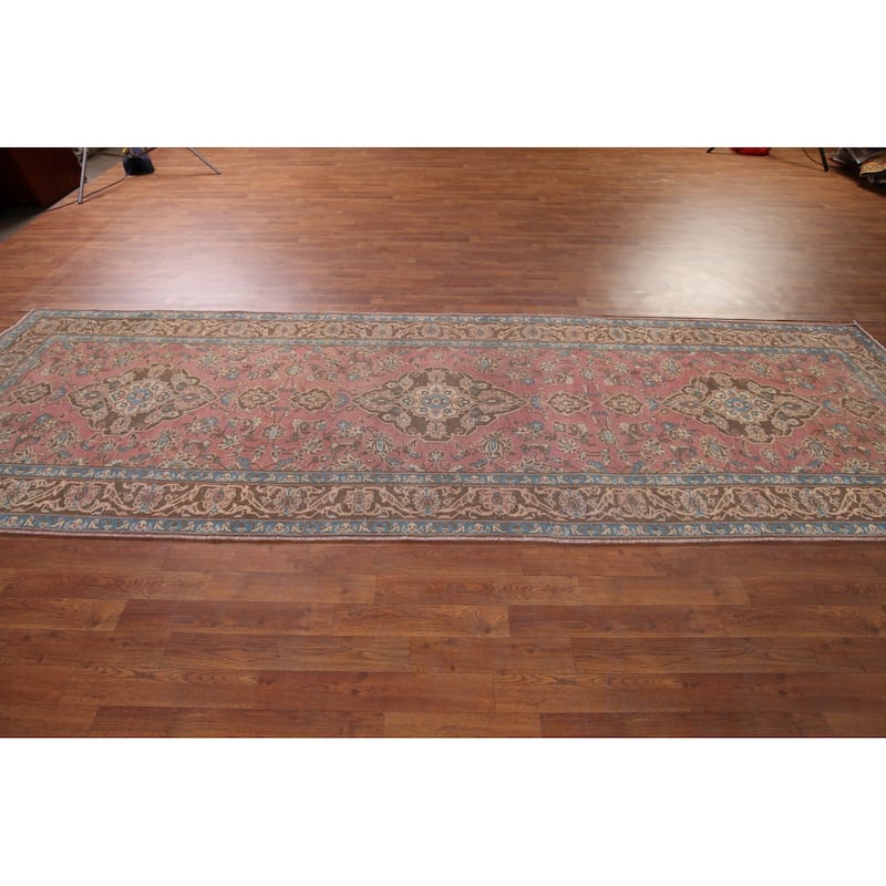 Pink Kashan Persian Vintage Runner Rug Handmade Wool Carpet - 3'11" x 12'9"