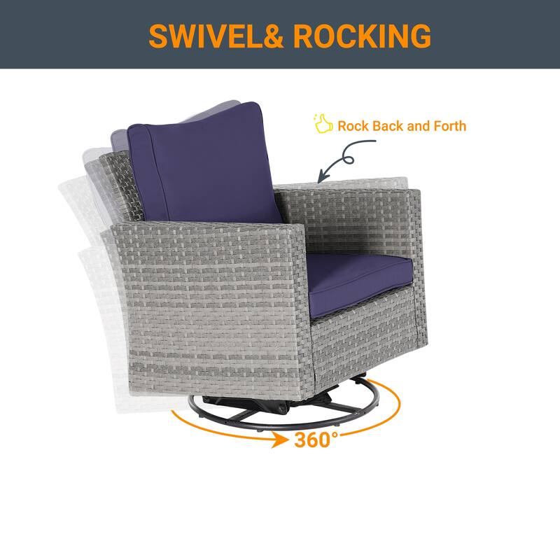 LIVOOSUN 3-Piece Patio Sofa Set Outdoor Rattan Swivel Rocking Chair Glass Table