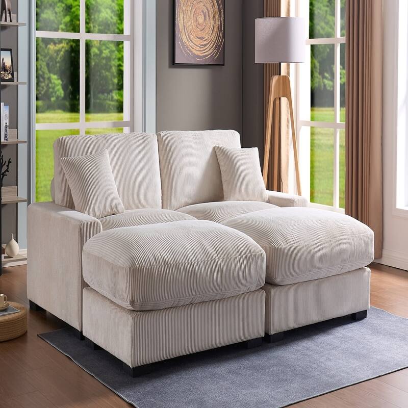 Modular Sectional Sofa, 4 Seater Corduroy Fabric with Ottomans Pillows - Cream White