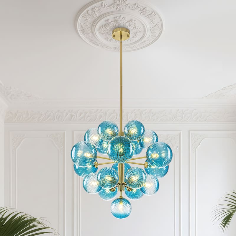 Starsky 19-Light Glam Tiered Cluster Blue Swirled Bubble Chandelier