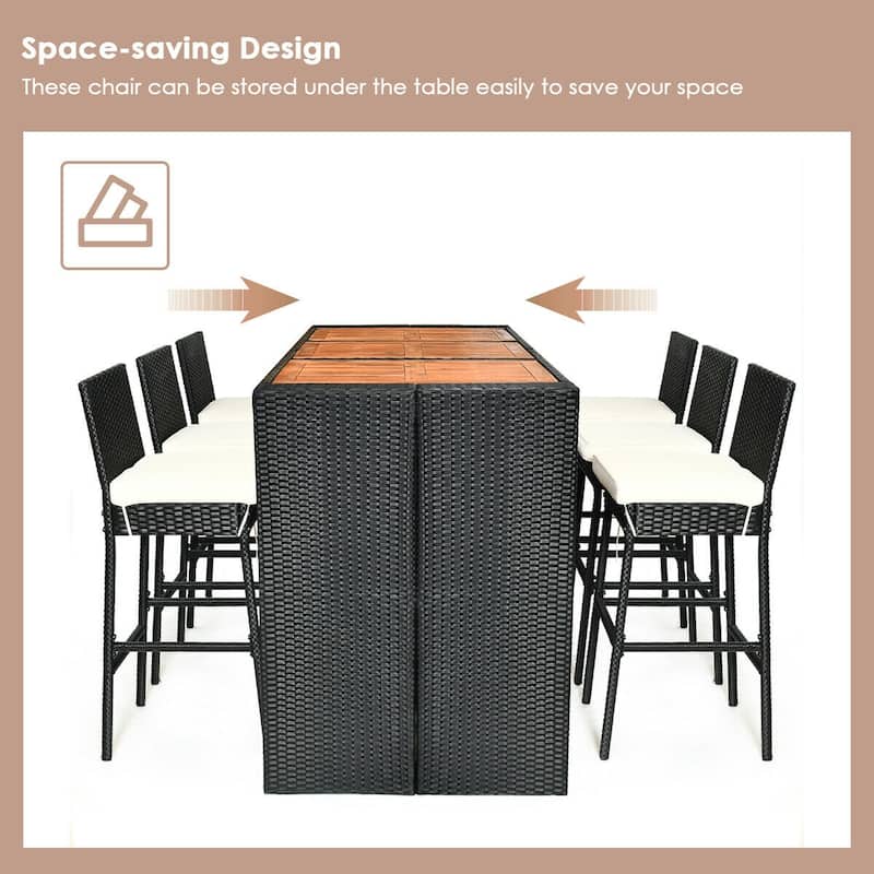 Gymax 7PCS Rattan Wicker Bar Set Patio Dining Furniture w/ Wood Table