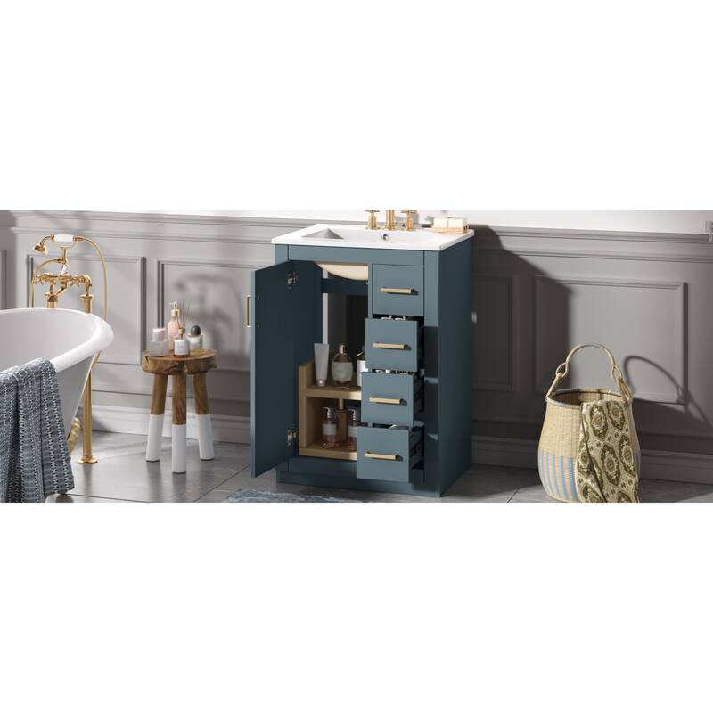 Roomfitters 24 Inch Bathroom Vanity with Integrated Ceramic Sink, Storage Cabinet with 3 Sliding Tiers & Soft Close Door