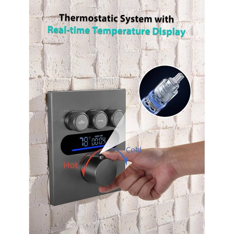 Lefton Shower System in Fahrenheit Display, 13” Overhead Shower Head with All-in-one Handheld Spray Showerhead, SSWM2501