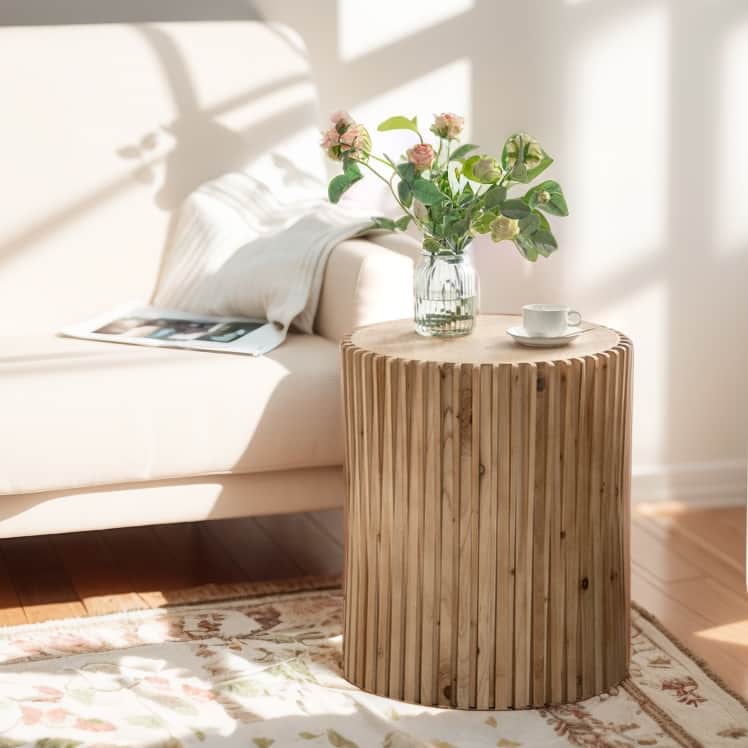 Retro Fashion Style Cylindrical Coffee Table with Vertical Texture Relief Design,Suitable for Living Room,Office,and Dining Room