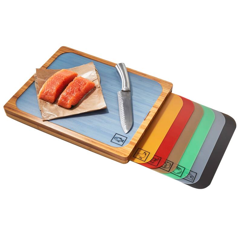 Seville Classics Bamboo Cutting Board and 7 Color-Coded Flexible Cutting Mats