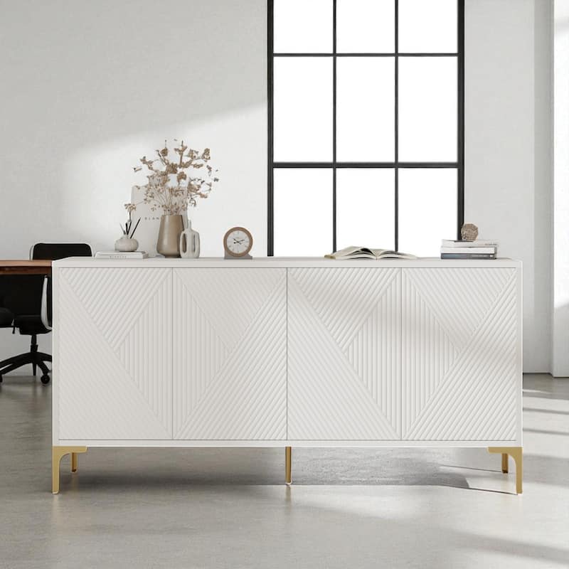 Modern 4-Door Wood Sideboard with Carved Panels, Push-to-Open Doors, Adjustable Shelves and Metal Legs - White