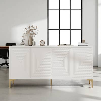 Modern 4-Door Wood Sideboard with Carved Panels, Push-to-Open Doors, Adjustable Shelves and Metal Legs