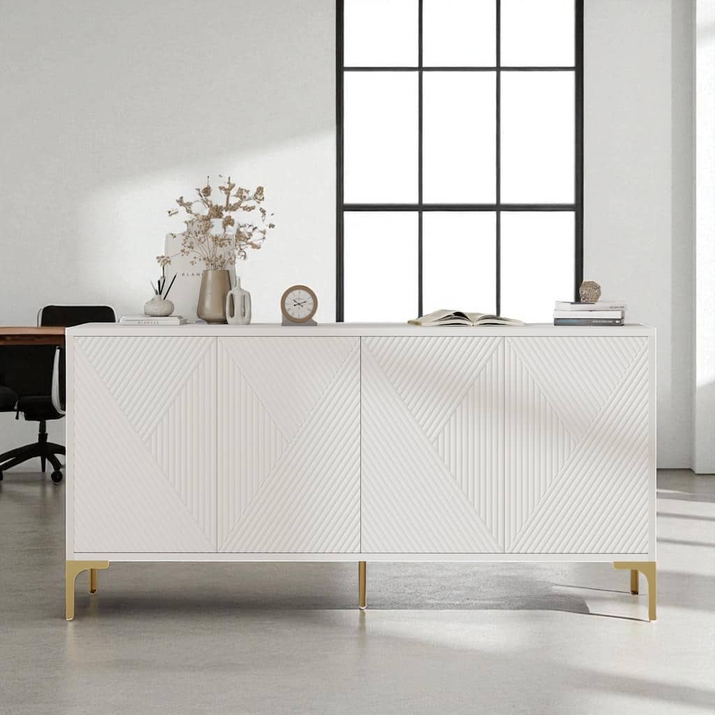 Modern 4-Door Wood Sideboard with Carved Panels, Push-to-Open Doors, Adjustable Shelves and Metal Legs