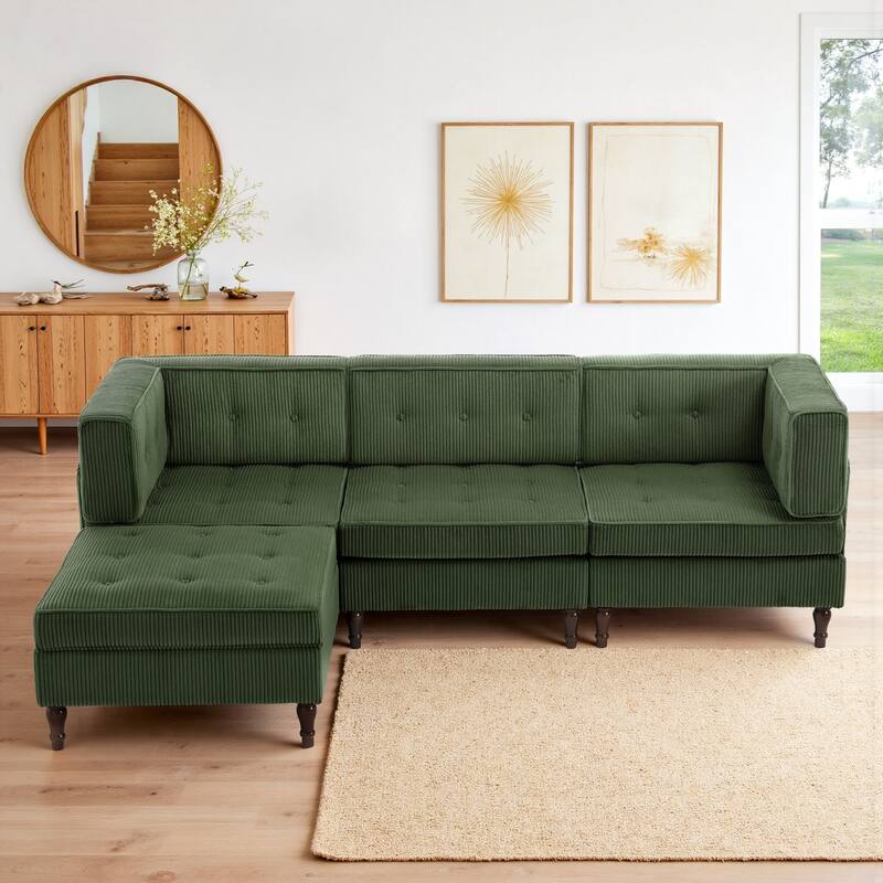 98" W Corduroy Modular Sectional Sofa with Storage Ottoman - Green