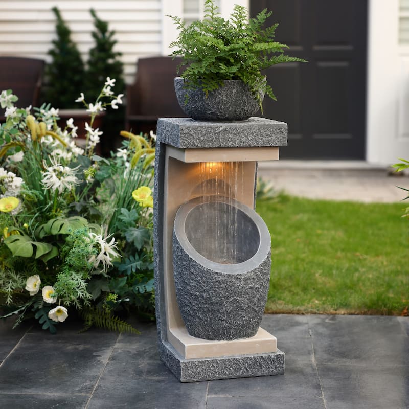 Gray Resin Column and Bowl Sculpture Outdoor Fountain with Lights