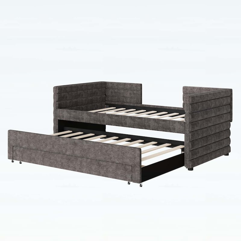 Upholstered Daybed with Trundle and 3 Storage Drawers,for Guest Room,Living Room