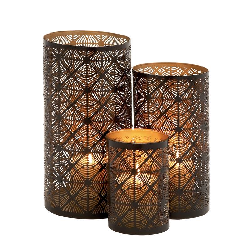 Dark Brown Metal Decorative Geometric Indoor Outdoor Candle Lantern (Set of 3)