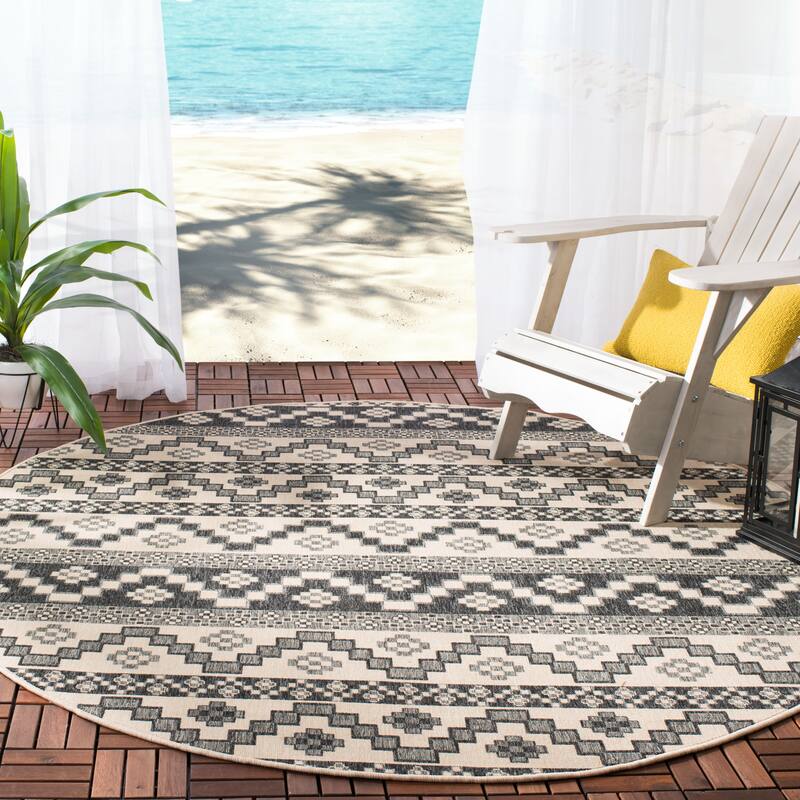 SAFAVIEH Veranda Rudy Indoor/ Outdoor Waterproof Patio Backyard Rug - 6'7" Round - Beige/Grey