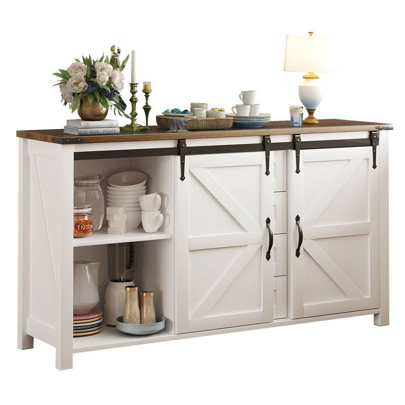 Farmhouse 55.1" Sideboard with Sliding Barn Doors and Storage Drawers, Wood Buffet Table with Power Outlet