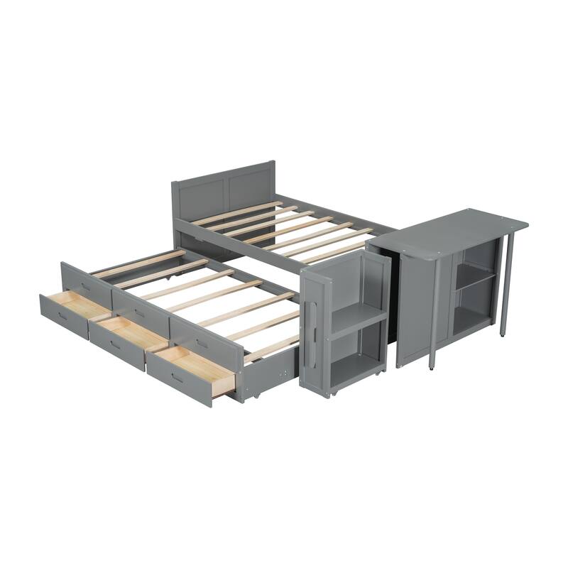 Multifunctional Platform Bed with Desk and Storage Shelf, Built-in Trundle and Drawers