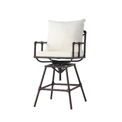 Outdoor Swivel Barstool Chair, Plush White Cushion, Rustic Bronze Iron