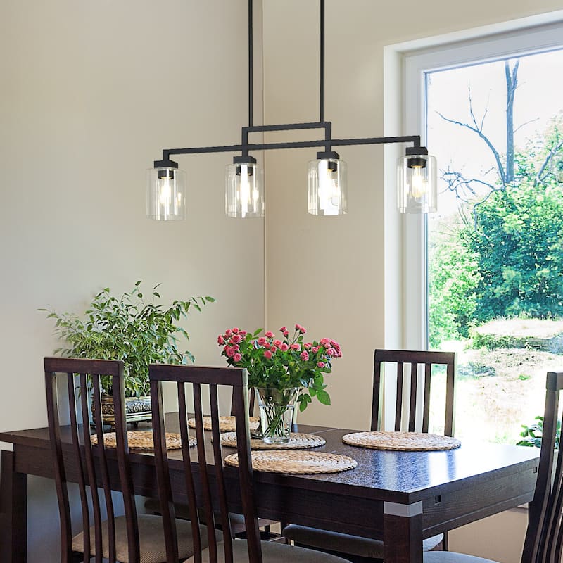 Mid-Century Modern 4-Light Black Chandelier Glass Island Lights for Dining Room - L 34.4" x D 4.3" x H 12"