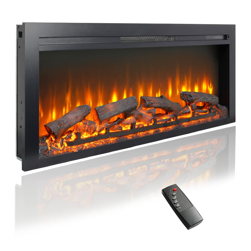 44" Wall-Mounted Electric Fireplace with Log Flame Effect, Remote & 1400W LED Heater, 3 Flame Brightness Levels