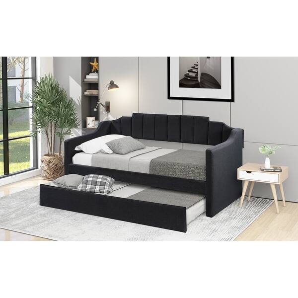slide 2 of 9, Black Twin Size Upholstered Daybed with Trundle Wheeled trundle Made of polyester Black