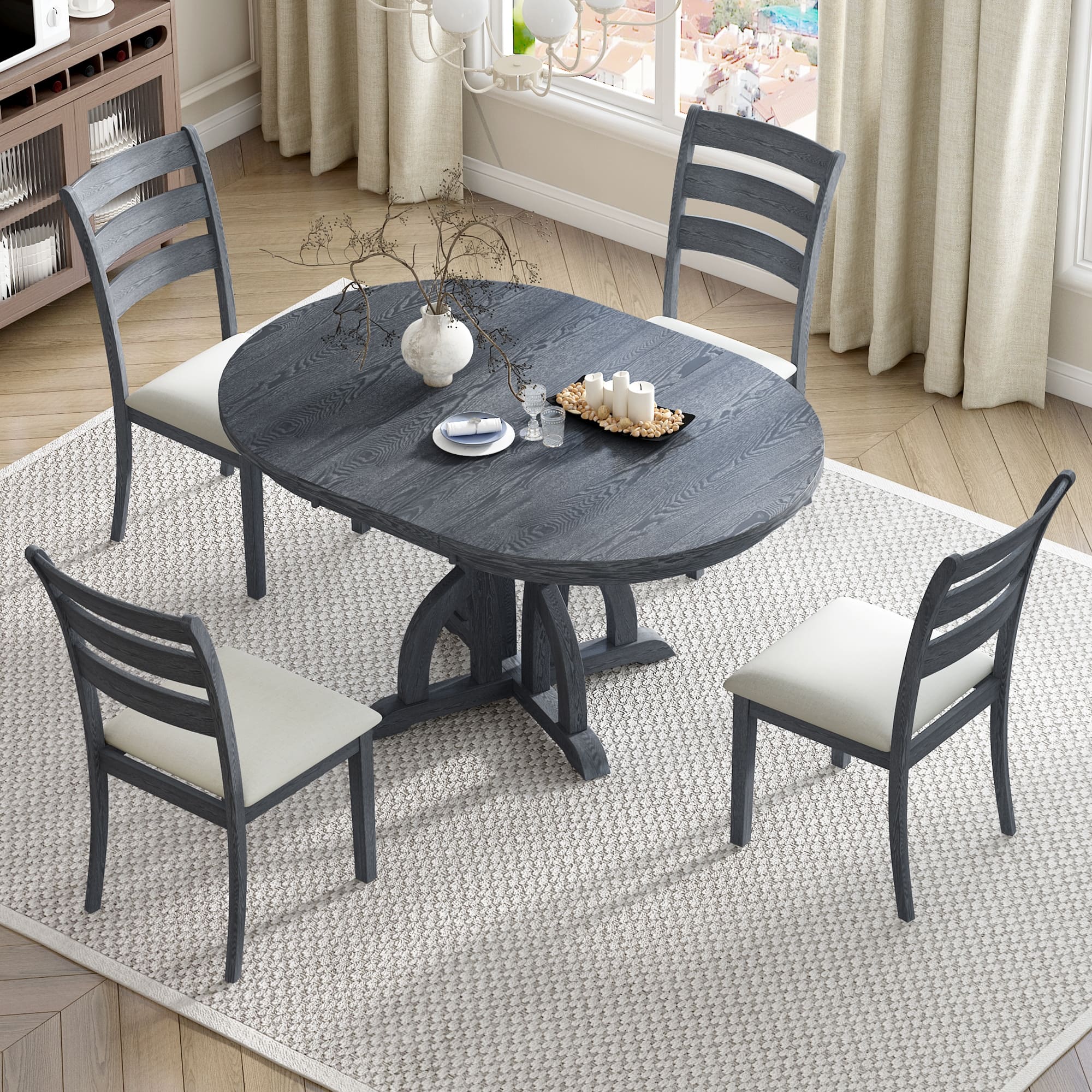 5Piece Farmhouse Round Pedestal Extending Dining Table Set Extendable