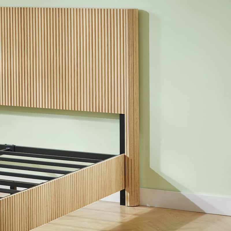 Queen Size Wooden Bed Frame with Metal Slat Support, Noise Free, Classic Queen Platform Bed with Corrugated Curved Lines