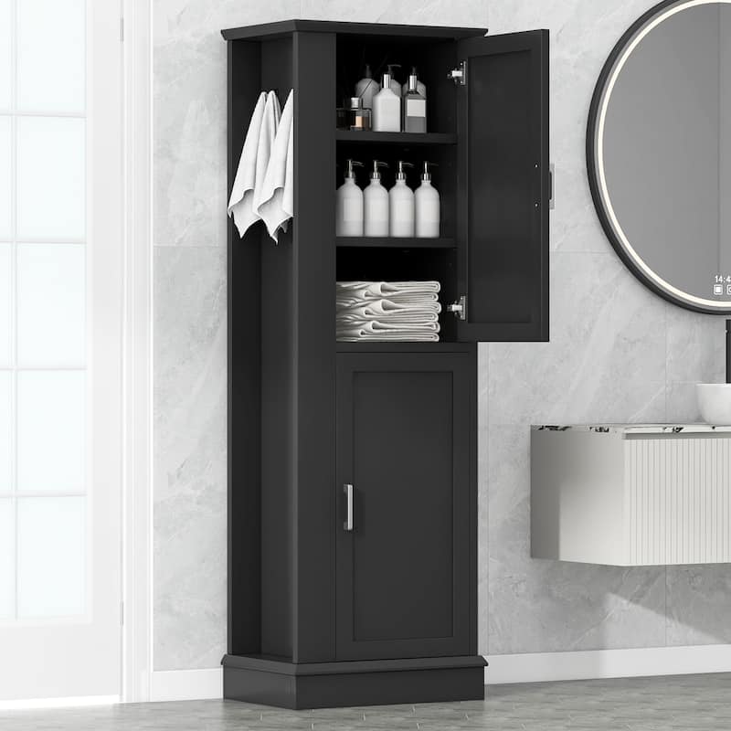 Freestanding Cabinet Tall Bathroom Storage Cabinet with Left or Right Hook, Adjustable Shelves and Anti-toppling Device