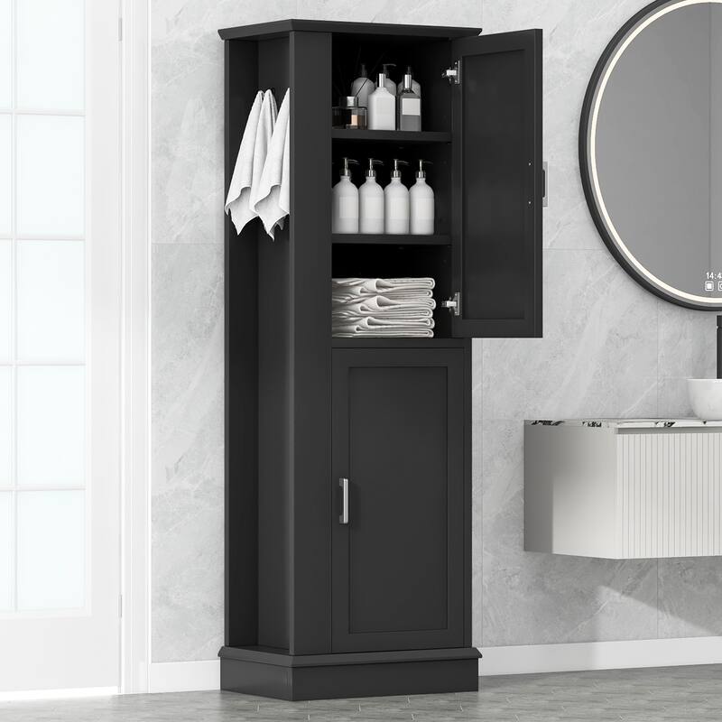Tall Bathroom Storage Cabinet, Freestanding Storage Cabinet with Hook and Adjustable Shelf, MDF Board, Black