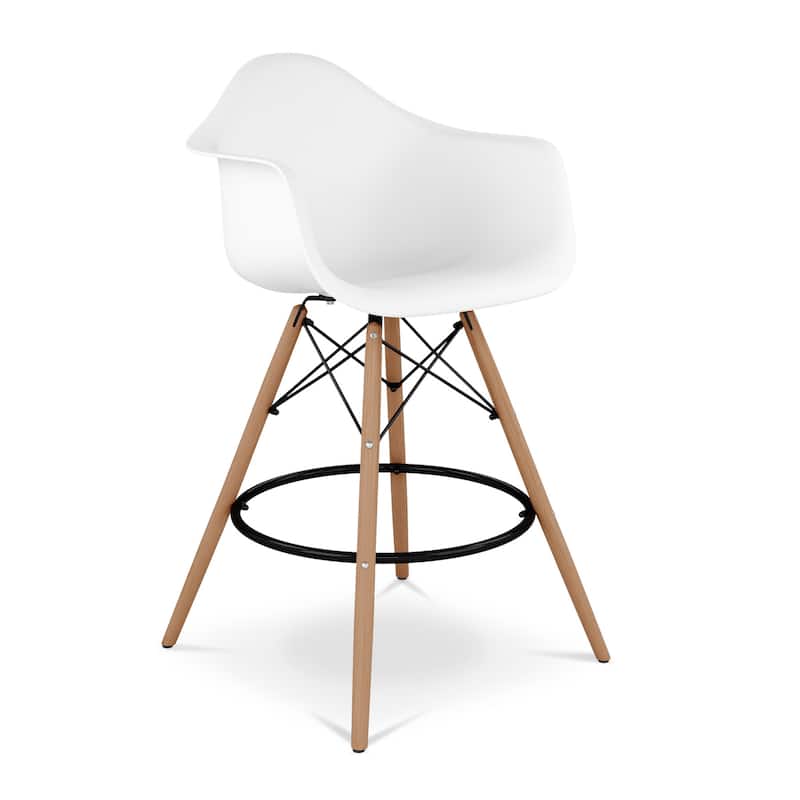 HomeRoots 28" White And Brown Heavy Duty Plastic And Solid Wood Low Back Counter Height Bar Chair