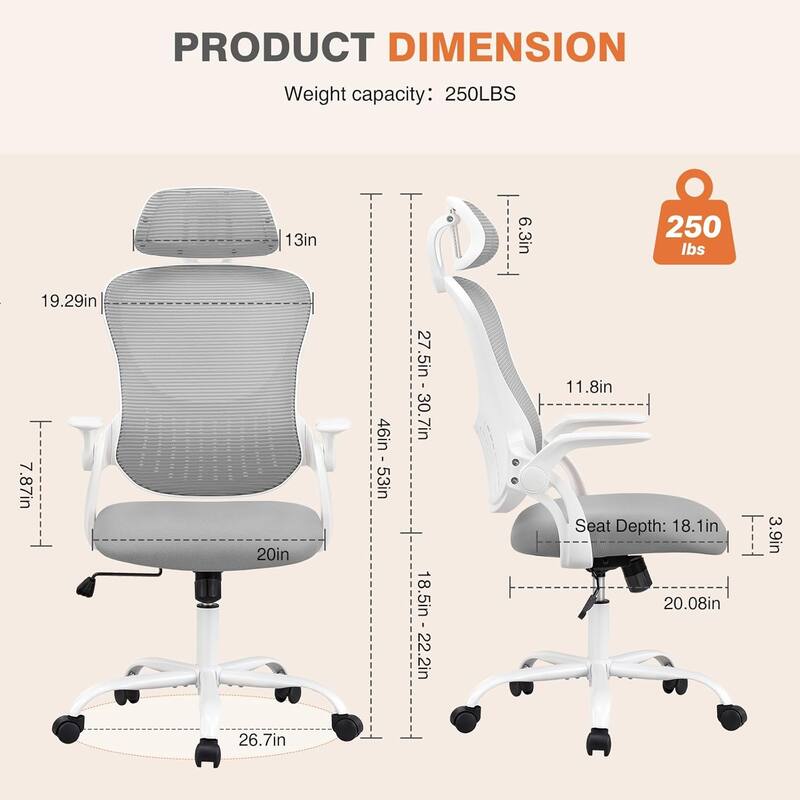 Office Computer Desk Chair, Ergonomic High-Back Mesh Rolling Work Chairs with Wheels &Adjustable Headrests, Comfy Flip-up Arms