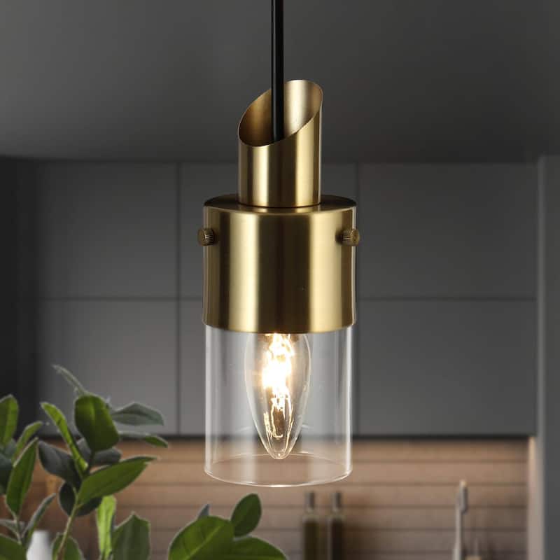 Mid-Century Modern 1-Light Gold Hanging Pendant Lights Cylinder Glass Kitchen Island Lights - 3"L