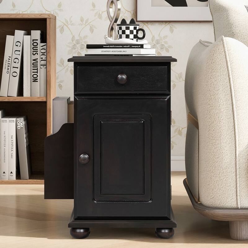 Vintage End Table Flip Top Side Table with USB Ports,One Multifunctional Drawer with cup holders,Sofa Couch Table with Bookshelf