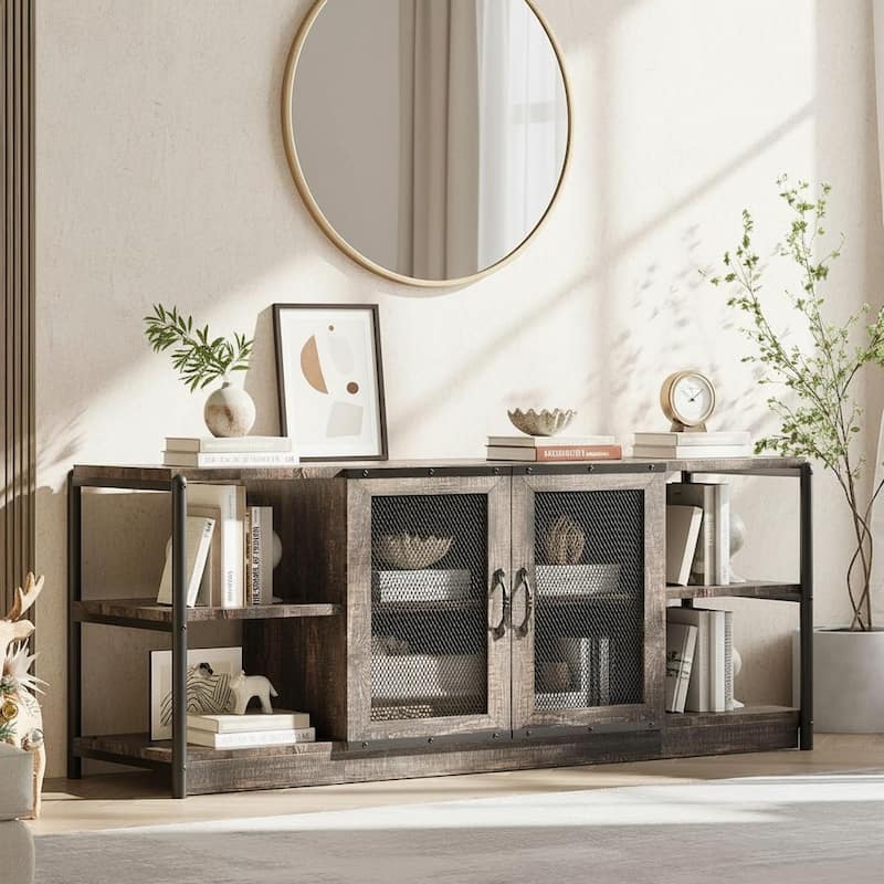 Farmhouse TV Stand, with Double Mesh Doors - Rustic Oak