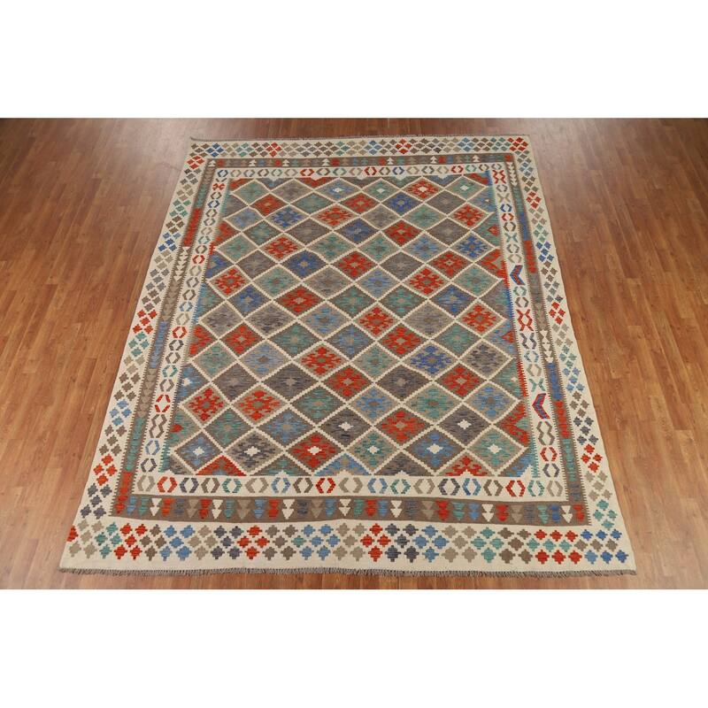 Trellis Kilim Area Rug Flatweave Oriental Wool Carpet - 8'5" x 10'1"