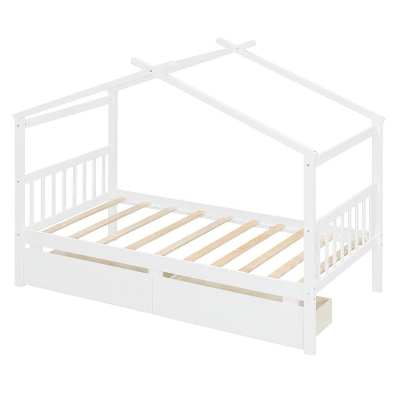 Twin Size Wooden House Bed with 2 Drawers
