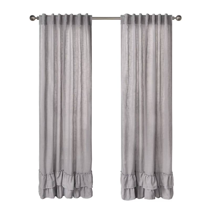 Linen Texture Double Ruffle Semi-sheer Curtain Pair(2 panels)