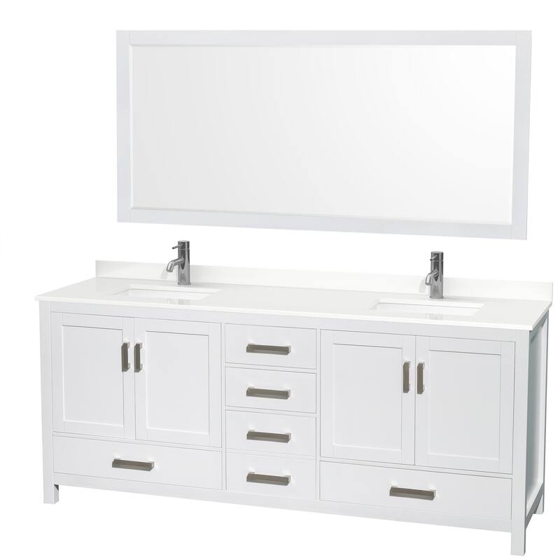 Sheffield 80-inch Double Vanity, Single Hole Quartz Top,70-inch Mirror - White, Chrome Trim, White Quartz Top