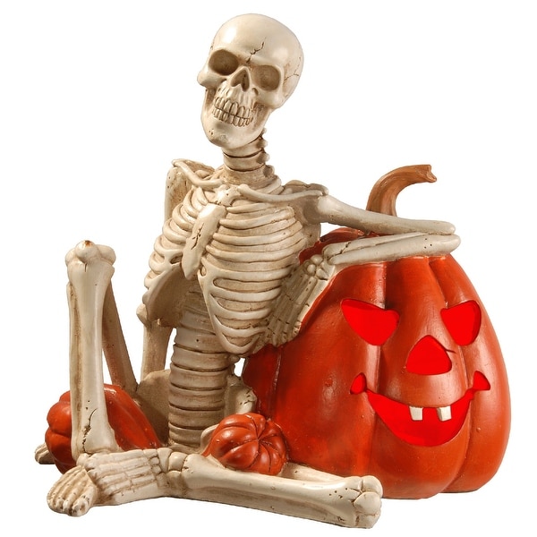 9" Pre-lit Skeleton and Pumpkin Halloween Decor – Battery Operated LED Lights - N/A