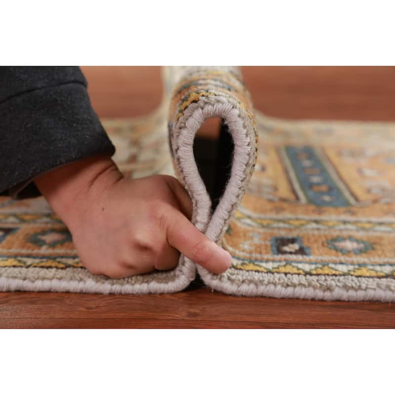 Hand Knotted Oriental 100% Wool Carpet Traditional Geometric Greys & Charcoal Heriz (serapi) Runner Rug - 8' 0'' X 2' 7''