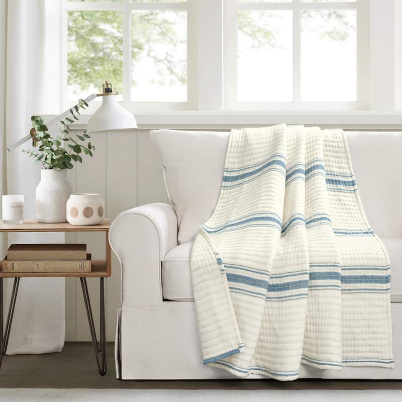 Lush Decor Farmhouse Stripe Kantha Pick Stitch Yarn Dyed Cotton Woven Throw Blanket - Blue