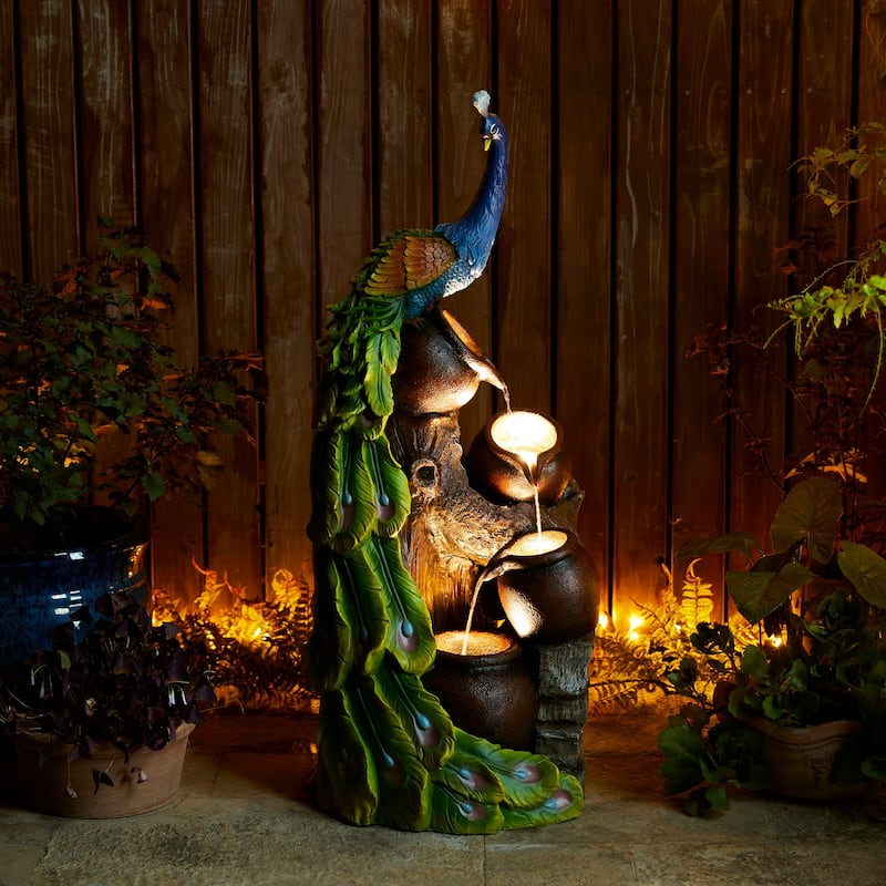 Glitzhome 40"H Oversized 4-Tier Peacock Jars Polyresin LED Lighted Outdoor Floor Fountain