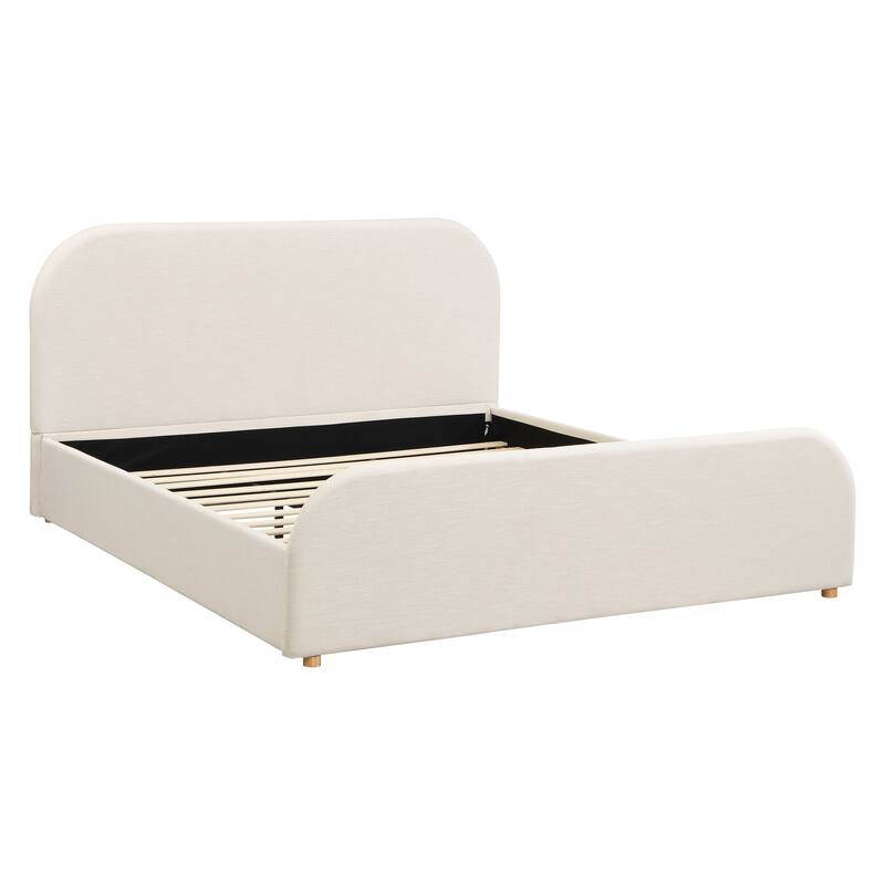 Beige Linen Upholstered Bed Curved Headboard Wingback Frame Low Profile Platform Bed