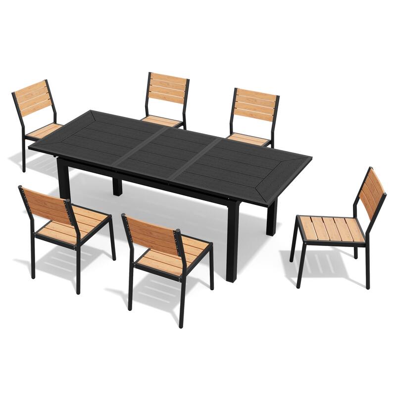 7-Piece Set Outdoor Patio Extendable Dining Table Aluminum with Stackable Chairs