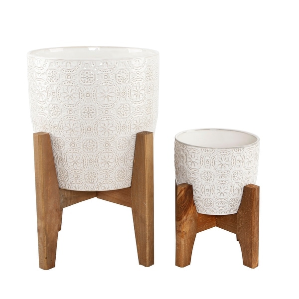 Mid-Century 10" & 6.6" Cathedral Ceramic planter on Stand , SET OF 2. Opens flyout.