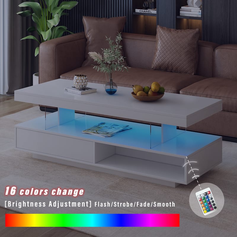 51.2'' LED Coffee Table with 2 Drawers and Shelves, Modern High Gloss Center Table with Storage for Living Room