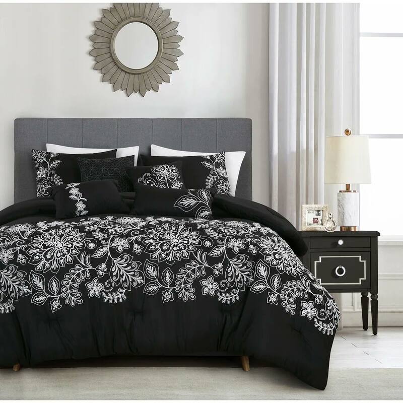7 Piece Black Floral Comforter Set Embroidery Soft Bedding - King