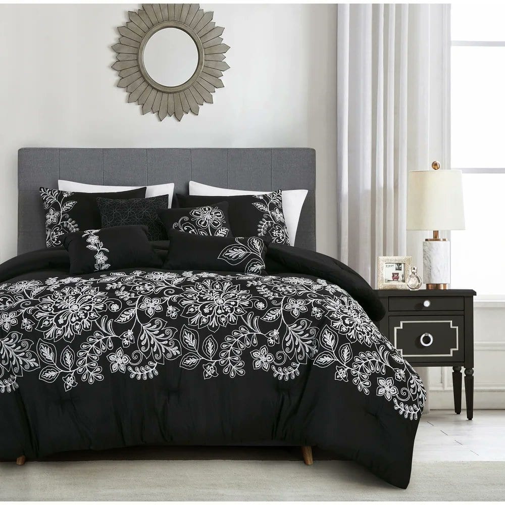 7 Piece Black Floral Comforter Set Embroidery Soft Bedding